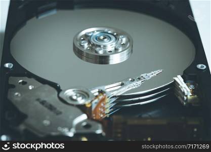 Close up picture of computer hard drive, used in cloud computing