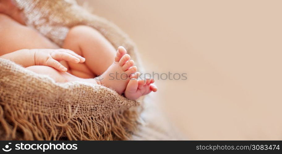Close up picture of new born baby feet. Close up picture with copy space