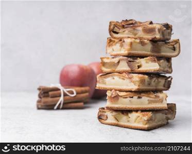 close up pile cake slices apples