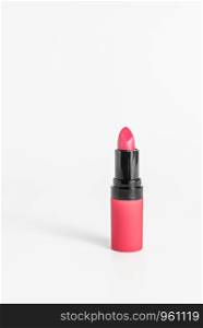 close up Pink color lipstick on white background. Set of colorful lipsticks