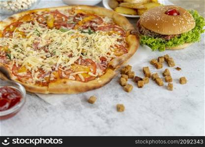 close up pizza with hamburger