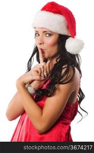 close up portrait elegant and pretty young woman in red dress and a santa claus christmas hat