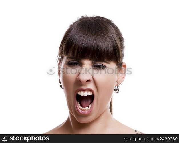 Close-up portrait of a angry woman shouting, against white background