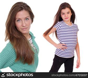 Close up portrait of a beautiful ten year old little girl and happy mother, isolated on white background