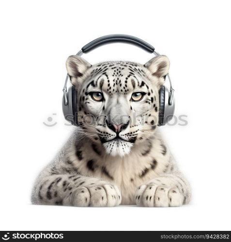 Close up portrait of a beautiful white or snow leopard in a in wireless headphones isolated on white background. The leopard is listening to music Generative AI.. Close up portrait of a beautiful white or snow leopard in a in wireless headphones isolated on white background. The leopard is listening to music Generative AI