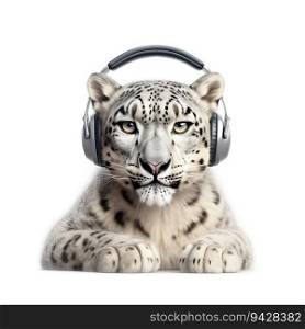 Close up portrait of a beautiful white or snow leopard in a in wireless headphones isolated on white background. The leopard is listening to music Generative AI.. Close up portrait of a beautiful white or snow leopard in a in wireless headphones isolated on white background. The leopard is listening to music Generative AI