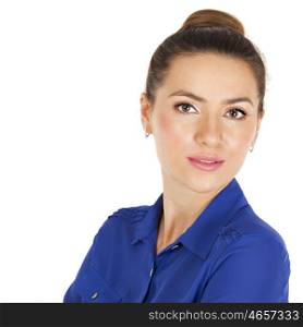 Close up portrait of a beautiful woman in blue shirt, isolated on white background
