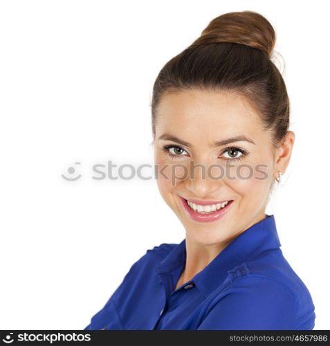 Close up portrait of a beautiful woman in blue shirt, isolated on white background