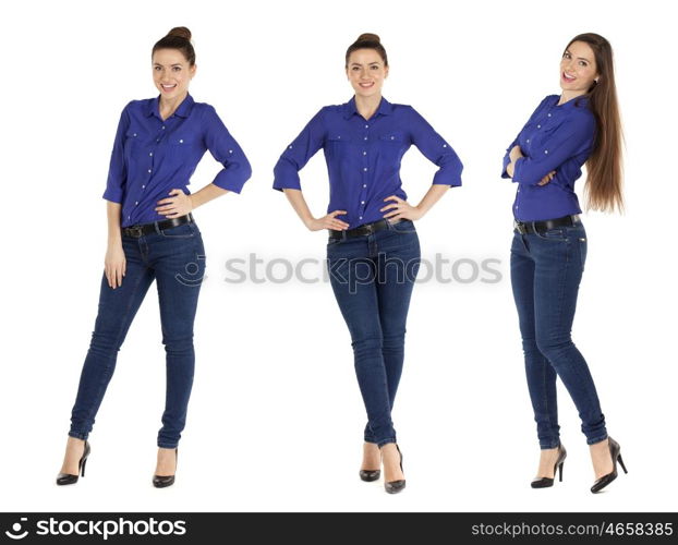 Close up portrait of a beautiful women in blue shirt, isolated on white background