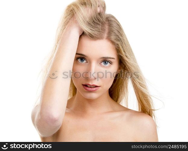 Close-up portrait of a beautiful young woman, isolated over white background