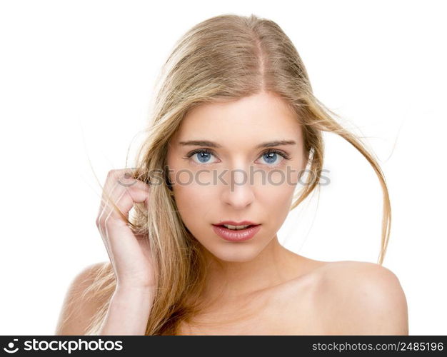 Close-up portrait of a beautiful young woman, isolated over white background