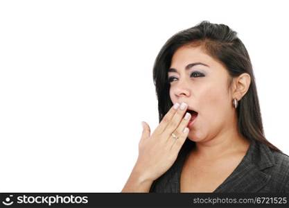 Close-up portrait of a business woman yawn, isolated on white background