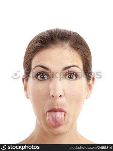 Close-up portrait of a funny woman pulling tongue out, isolated on white background