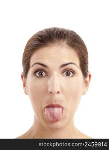 Close-up portrait of a funny woman pulling tongue out, isolated on white background