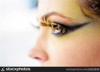 Close-up portrait of a glamorous woman with artificial eye lashes