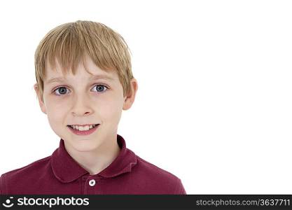 Close-up portrait of a happy pre-teen boy over white background