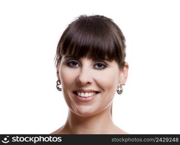 Close-up portrait of a lovely woman smiling against white background