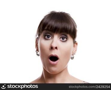 Close-up portrait of a lovely woman with a astonish expression against white background