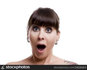 Close-up portrait of a lovely woman with a astonish expression against white background