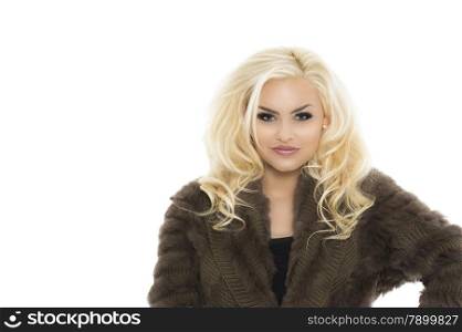 Close up Portrait of a Pretty Young Woman with Wavy Long Blond Hair, Wearing Trendy Furry Knitted Coat Dress, Smiling at the Camera. Isolated on White Background.