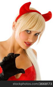 close up portrait of a sexy and blond demon with red horns and black gloves