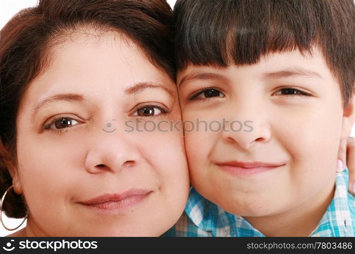 Close-up portrait of a smiling young mother and little son