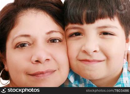 Close-up portrait of a smiling young mother and little son