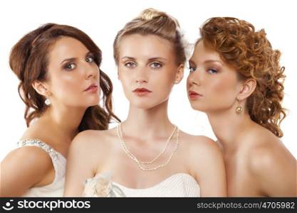 Close Up, Portrait of a three beautiful woman in wedding dress isolated over white background