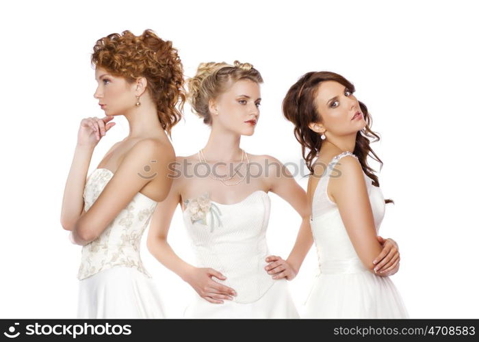 Close Up, Portrait of a three beautiful woman in wedding dress isolated over white background