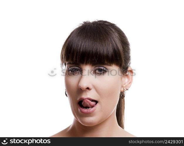 Close-up portrait of a woman with a expression of desire, isolated on white background