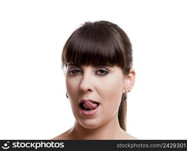 Close-up portrait of a woman with a expression of desire, isolated on white background