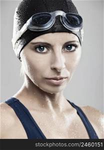 Close-up portrait of a young athletic swimer woman with googles and swimming cap