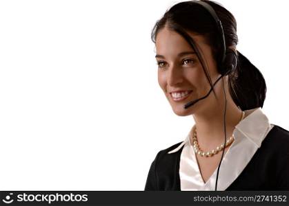 Close-up portrait of a young beautiful brunette customer service agent, isolated on white.