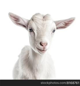 Close up portrait of an expressive baby goat with innocent eyes against a white background by generative AI