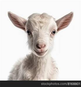 Close up portrait of an expressive baby goat with innocent eyes against a white background by generative AI