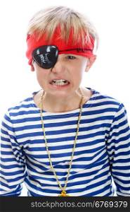 Close up portrait of angry pirate. Isolated on white background