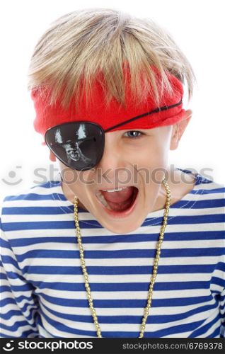 Close up portrait of angry pirate shouting. Isolated on white background