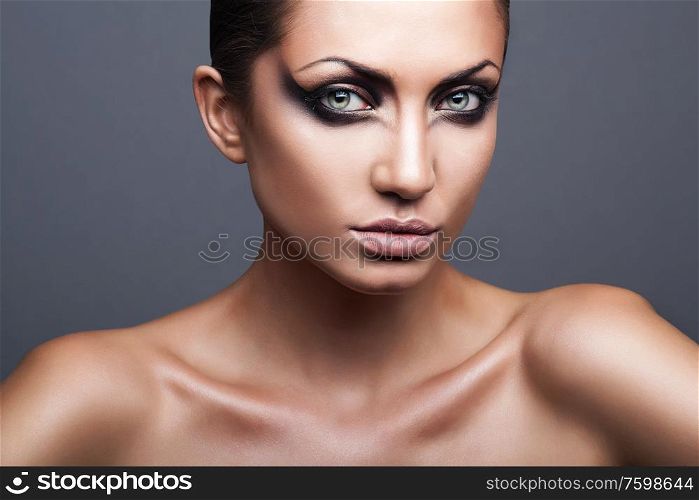 close up portrait of attractive calm sexy brunette woman