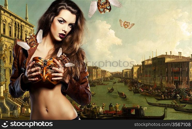 close-up portrait of beautiful woman in masquerade mask in venice