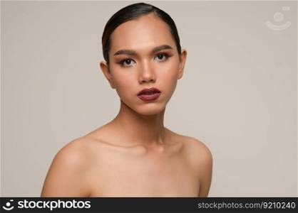 Close up, portrait of beautiful woman model with fresh daily make-up and perfect smile with beautiful face on gray background in studio, copy space