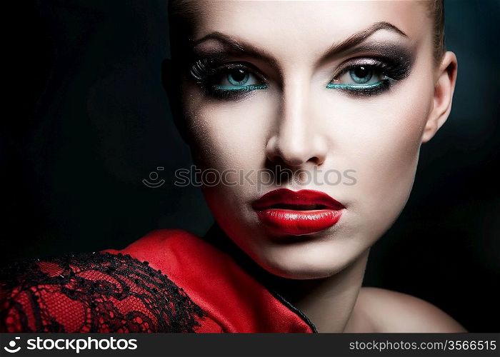 close-up portrait of blonde woman with red lips
