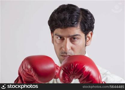 Close-up portrait of businessman wearing boxing gloves