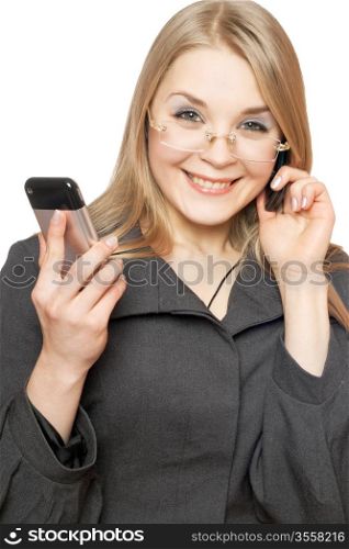 Close-up portrait of cheerful blonde with two phones