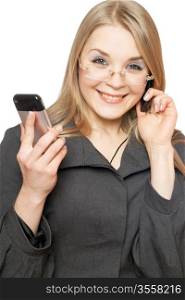Close-up portrait of cheerful blonde with two phones