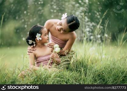 Close up, Portrait of Cute sister and young sister in Thai traditional dress and put white flower on her ear sitting in meadow,  They are smile together, sibling love concept, copy space