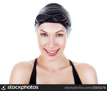 close-up portrait of cute smiling swimmer on white background