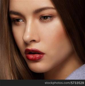 Close Up Portrait of Cute Woman with Perfect Skin