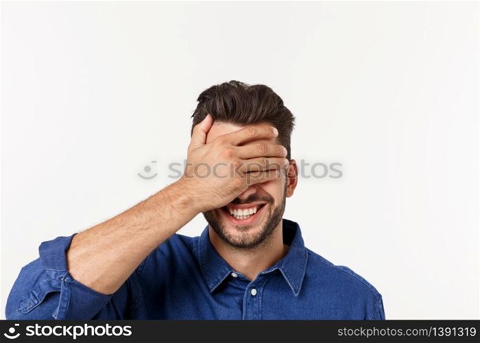 Close up portrait of disappointed stressed bearded young man in shirt closing eyes over white background. Close up portrait of disappointed stressed bearded young man in shirt closing eyes over white background.