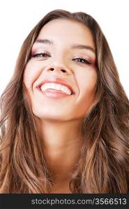 close-up portrait of funny happy smiling girl on white background