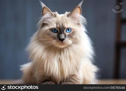 Close-up portrait of furry cat sitting, dense coat.